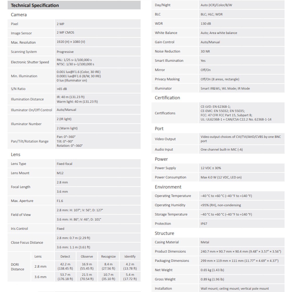 昌運監視器 大華 HAC-HFW1239TMN-IL-A 200萬畫素 子彈型HDCVI攝影機-細節圖3