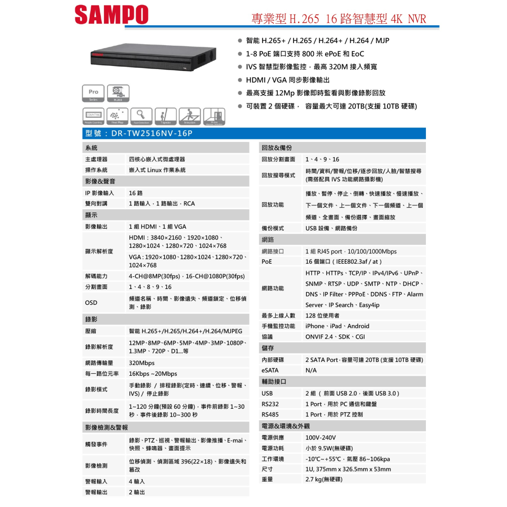 昌運監視器 SAMPO聲寶 DR-TW2516NV-16P 16路4K NVR H.265智慧型專業錄影主機-細節圖2