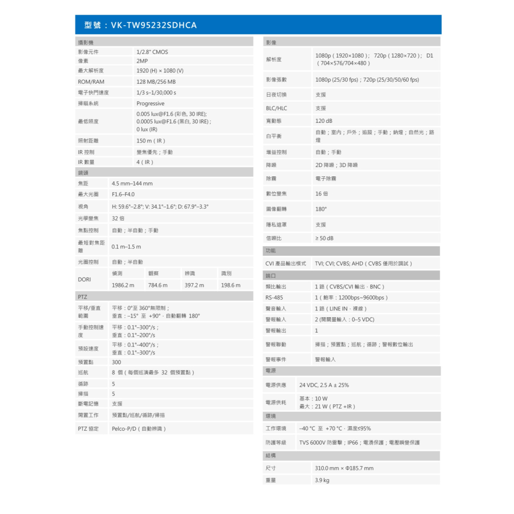 昌運監視器 SAMPO聲寶 VK-TW95232SDHCA 200萬 32倍星光紅外線PTZ攝影機-細節圖3