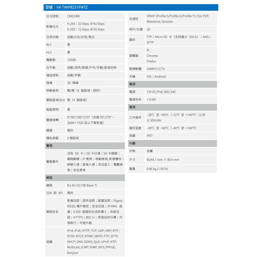 昌運監視器 SAMPO聲寶 VK-TWIP8231FWTZ 800萬 Lite紅外變焦槍型IP攝影機-細節圖3