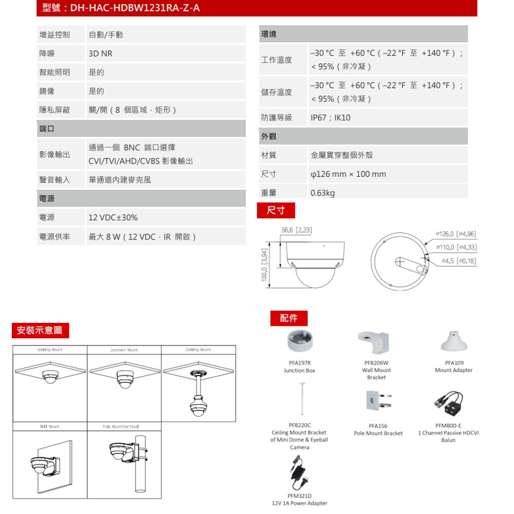 昌運監視器 大華 DH-HAC-HDBW1231RA-Z-A 200萬畫素 星光 HDCVI 紅外半球攝影機-細節圖3