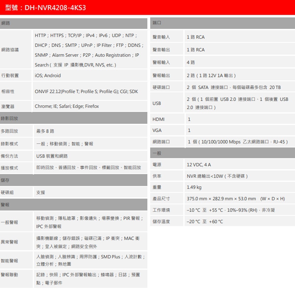 昌運監視器 大華 DH-NVR4208-4KS3 8路 1U 2HDD 錄影主機NVR-細節圖3