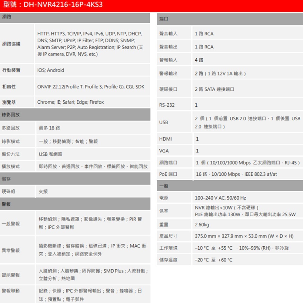昌運監視器 大華 DH-NVR4216-16P-4KS3 16路 1U 2HDD Lite網路錄影主機-細節圖3