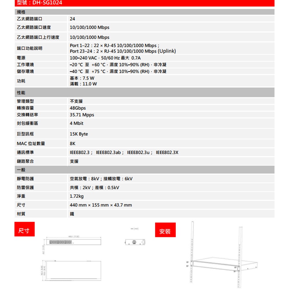 昌運監視器 大華 SG1024 24埠 10/100/1000 Mbps 非網管乙太網路交換器-細節圖2