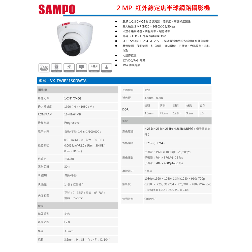 昌運監視器 SAMPO聲寶 VK-TWIP2130DWTA 200萬紅外線定焦半球網路攝影機 內建⿆克⾵-細節圖2