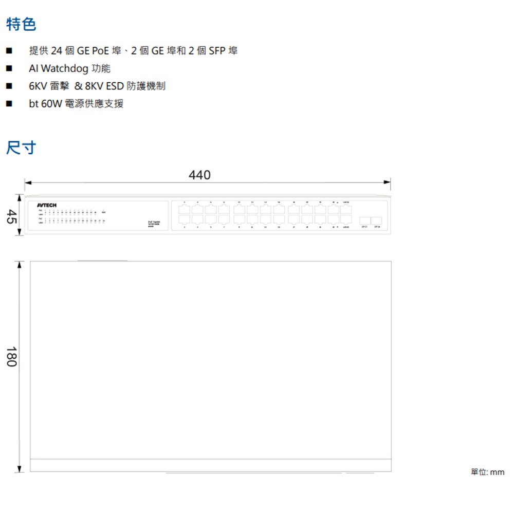 昌運監視器 AVTECH 陞泰 DGSO020PG AI Gigabit PoE 網路交換機(請來電洽詢)-細節圖3