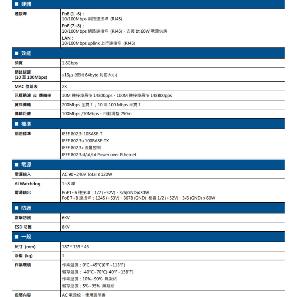 昌運監視器 AVTECH 陞泰 DGS8100PE 8xFE PoE+1xFE PoE網路交換機(請來電洽詢)-細節圖2