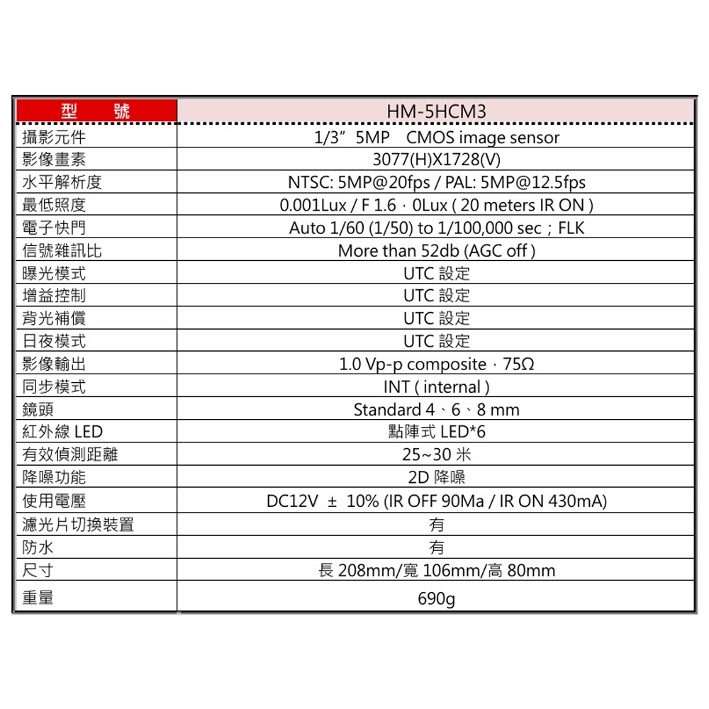 昌運監視器 環名 HM-5HCM3 500萬畫素 TVI紅外線攝影機 星光級夜視功能-細節圖2