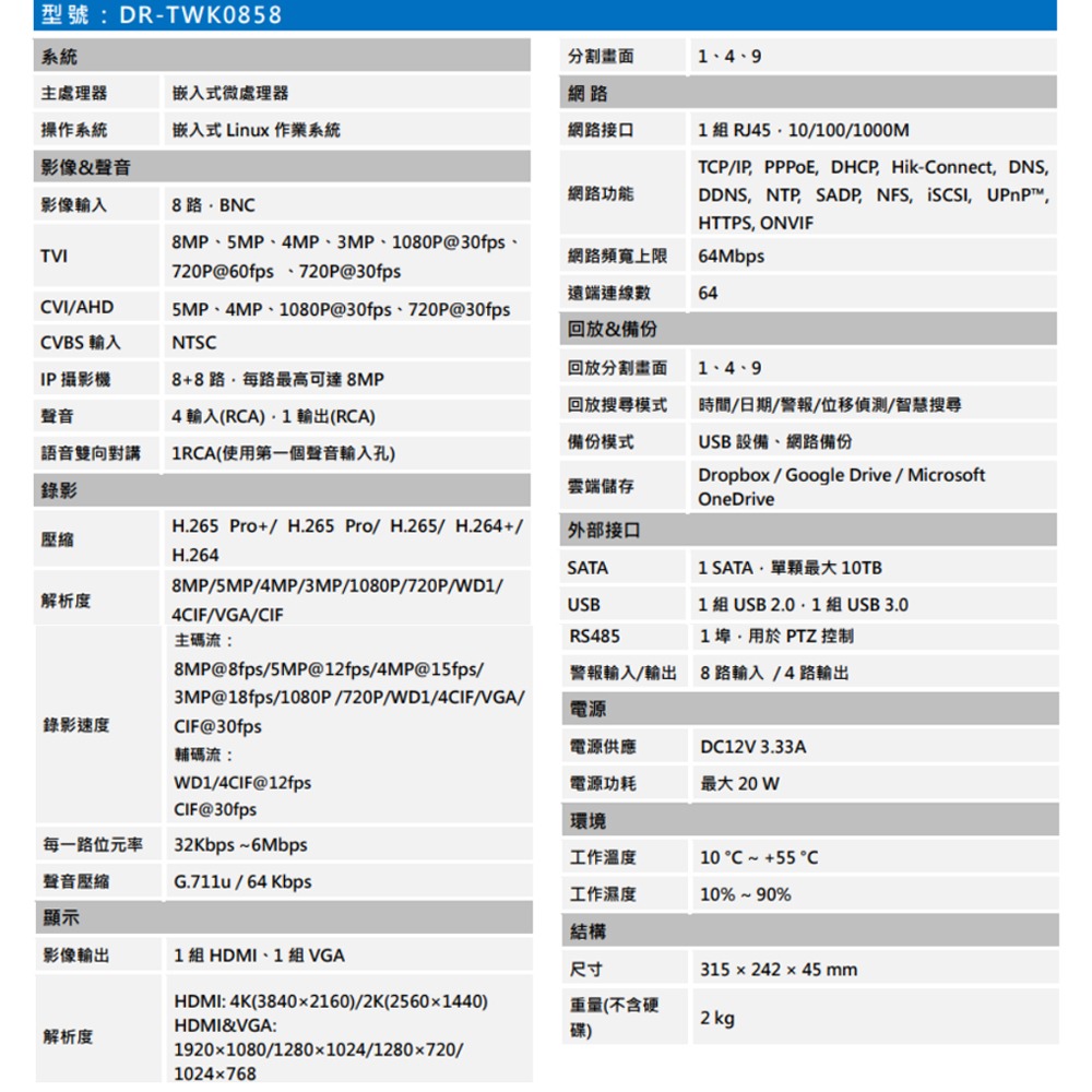 昌運監視器 SAMPO 聲寶 DR-TWK0858 4K H.265 8路 五合一 監控主機-細節圖2