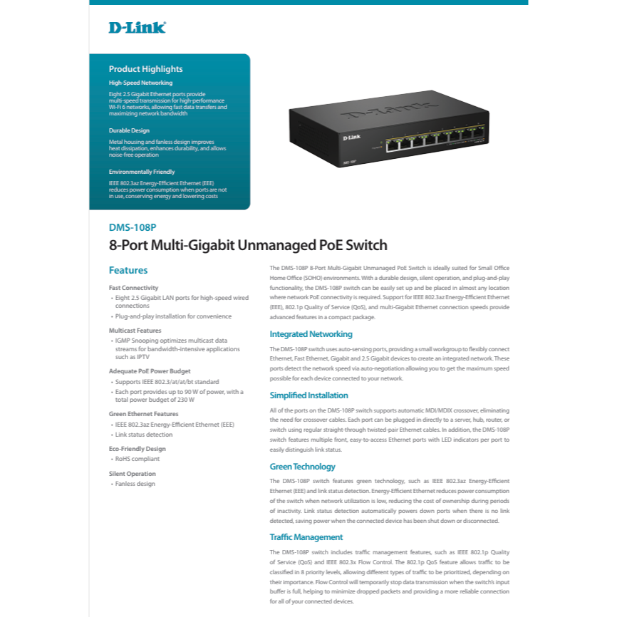 昌運監視器 D-LINK 友訊 DMS-108P 8埠無網管多網速交換器-細節圖2