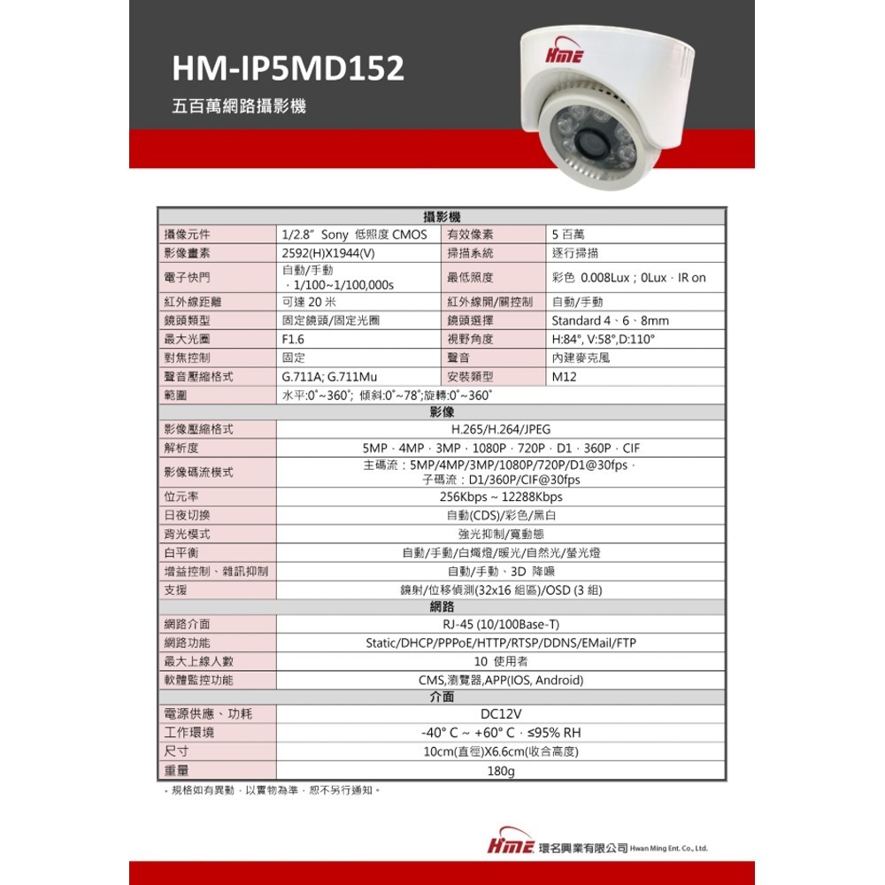 昌運監視器 環名 HM-IP5MD152 500萬畫素紅外線網路攝影機 紅外線距離可達20米-細節圖2