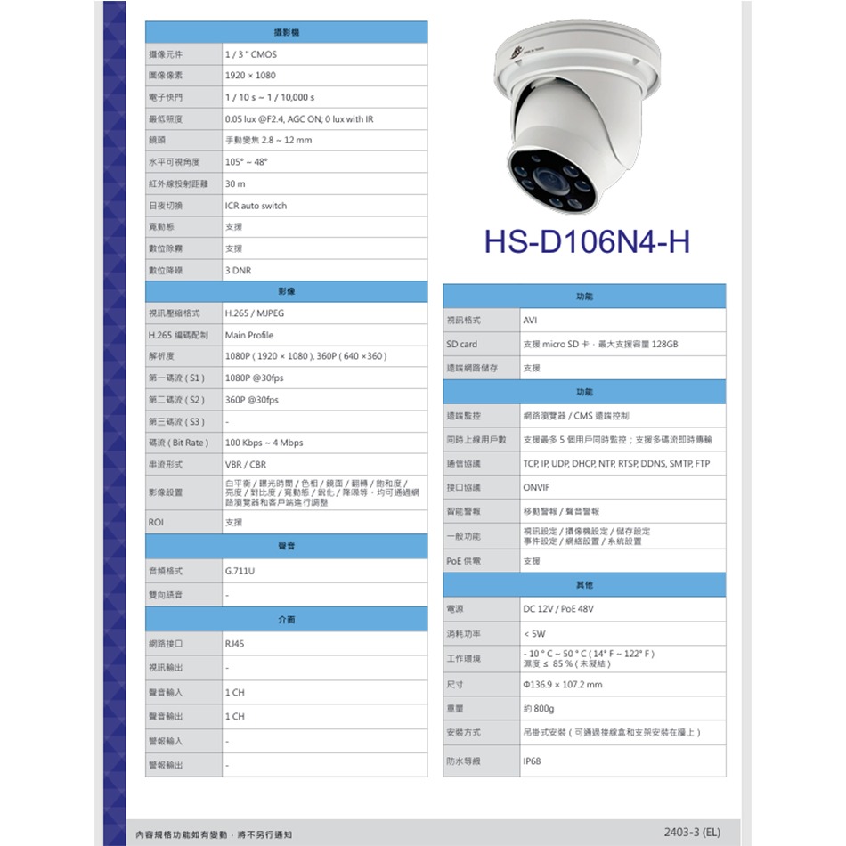 昌運監視器 昇銳 HS-D106N4-H 2MP紅外線防水網路球型攝影機-細節圖3