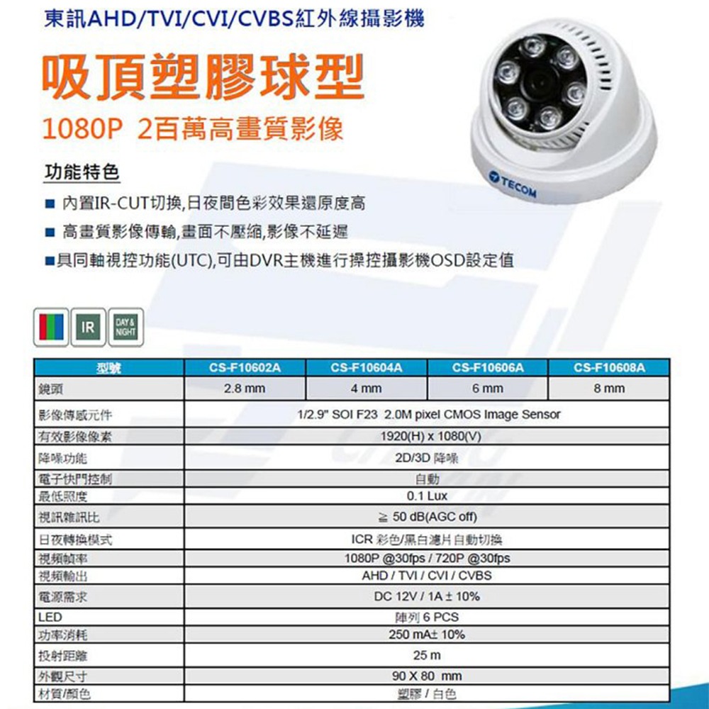 昌運監視器 東訊 TECOM CS-F10604A 200萬 紅外線半球攝影機 紅外線25M 支援日夜切換-細節圖2