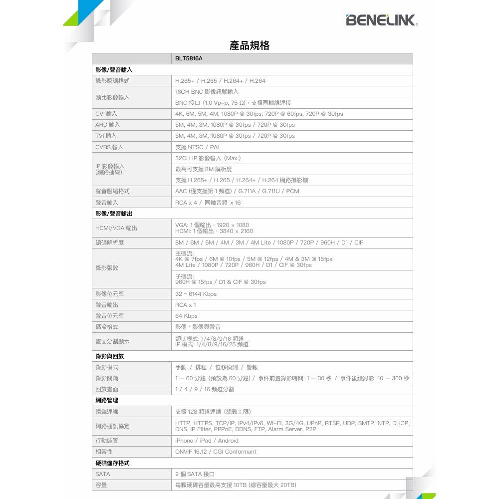 昌運監視器 欣永成 BENELINK BLT5816A 8M 16路H.265類比高清錄影主機-細節圖3