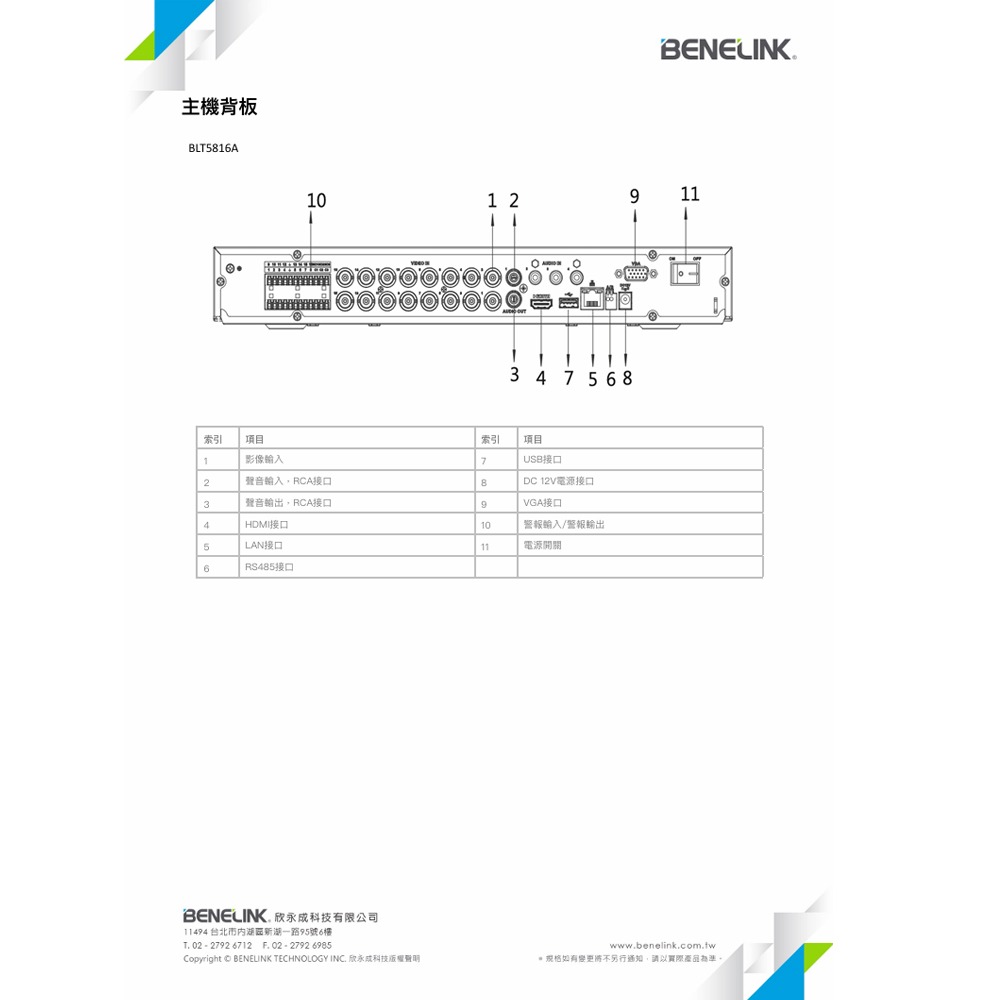 昌運監視器 欣永成 BENELINK BLT5816A 8M 16路H.265類比高清錄影主機-細節圖5