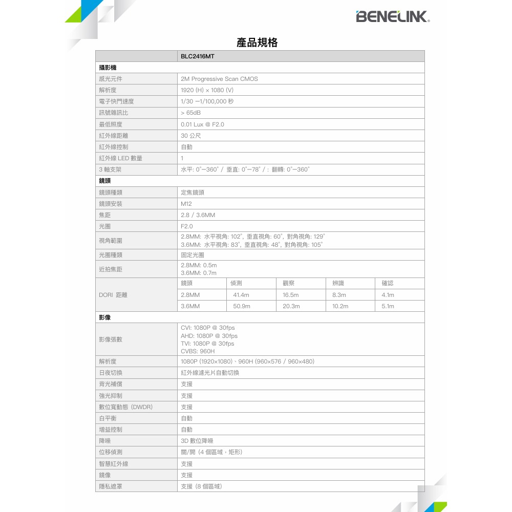 昌運監視器 欣永成 BENELINK BLC2416MT 1080P類比高清攝影機 紅外線30公尺-細節圖3
