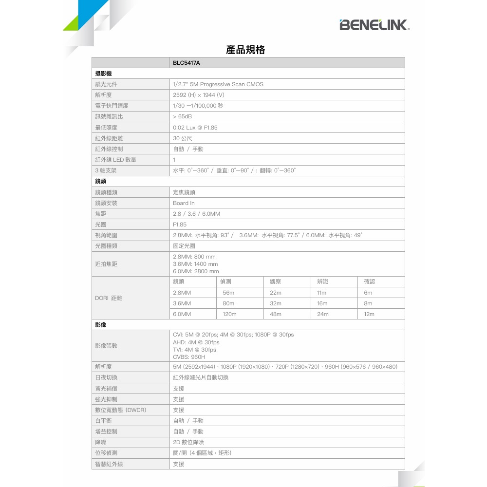 昌運監視器 欣永成 BENELINK BLC5417A 5M類比高清紅外線管型攝影機 紅外線30公尺-細節圖3
