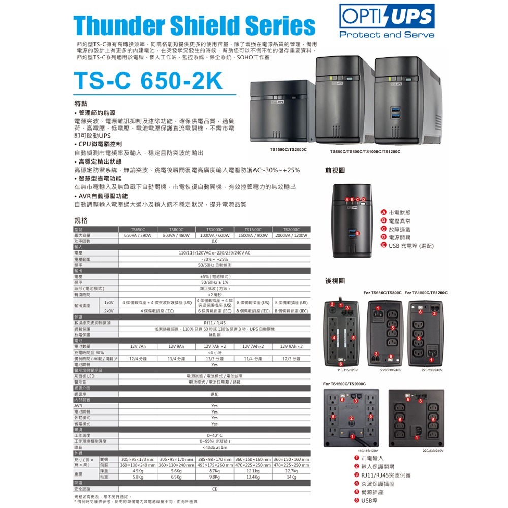 昌運監視器 OPTI-UPS蓄源 TS650C 110V 節約型 在線互動式不斷電系統 650VA/390W-細節圖2