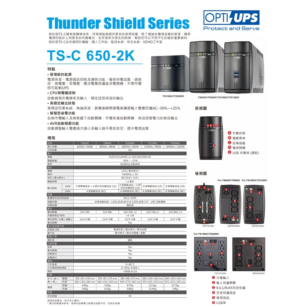 昌運監視器 OPTI-UPS蓄源 TS1000C 220V 節約型 在線互動式不斷電系統 1000VA/600W-細節圖2