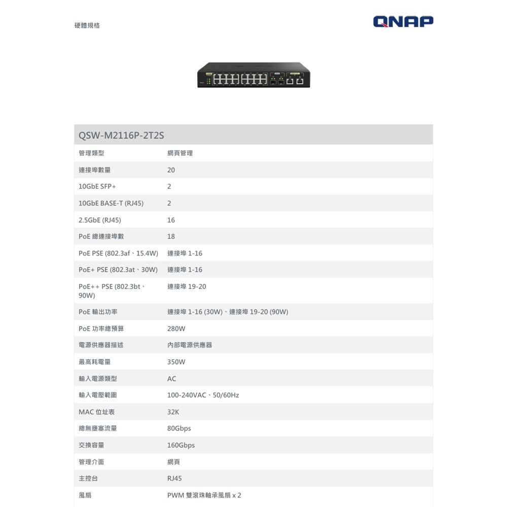 昌運監視器 QNAP 威聯通 QSW-M2116P-2T2S 20埠 L2 網管型 PoE 交換器-細節圖2