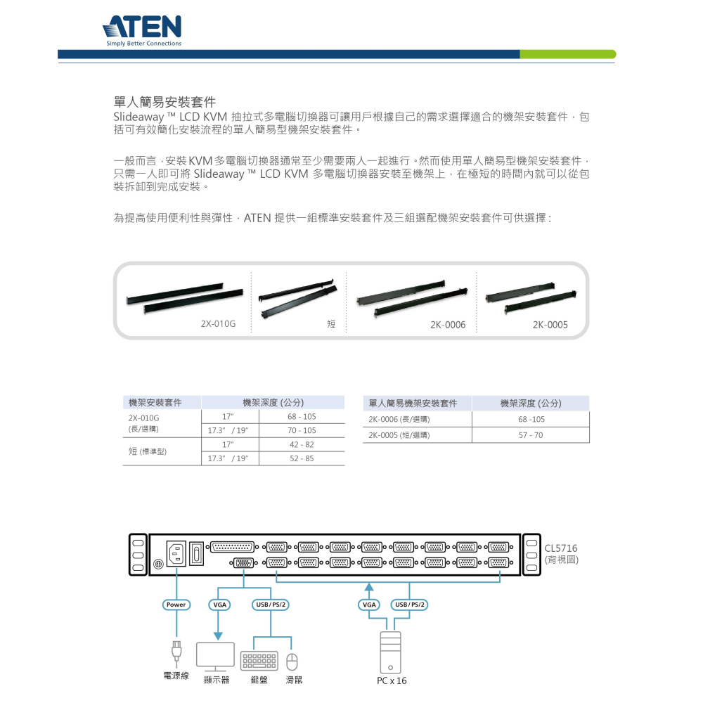 昌運監視器 ATEN 宏正 CL5716N Slideaway™ LCD KVM 抽拉式多電腦切換器 19吋-細節圖4