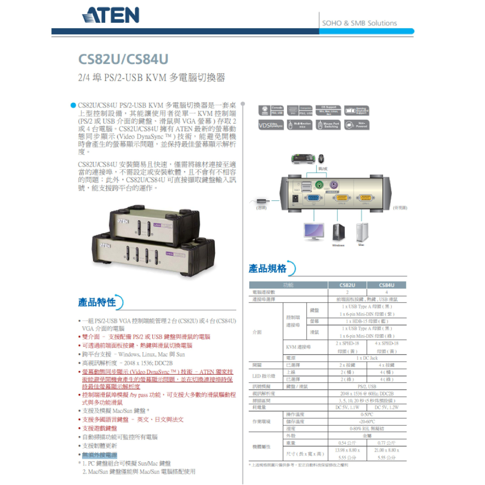 昌運監視器 ATEN 宏正 CS84U 4埠PS/2-USB VGA KVM多電腦切換器-細節圖2