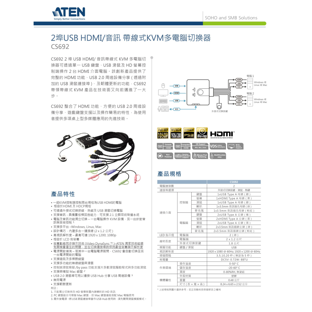 昌運監視器 ATEN 宏正 CS692 2埠USB HDMI/音訊 帶線式KVM多電腦切換器-細節圖2