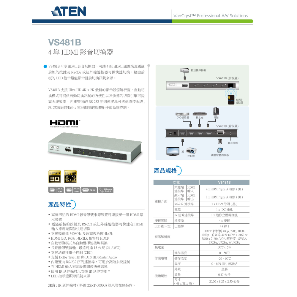 昌運監視器 ATEN 宏正 VS481B 4埠4K HDMI影音切換器-細節圖2