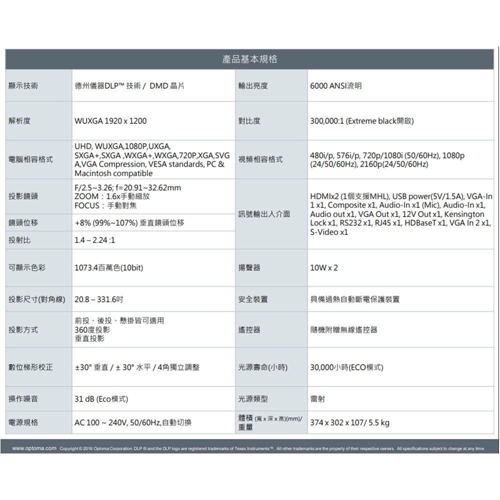 昌運監視器 OPTOMA RZ656U-T 輕巧型高亮度工程及商用投影機 6000流明雷射投影機-細節圖5