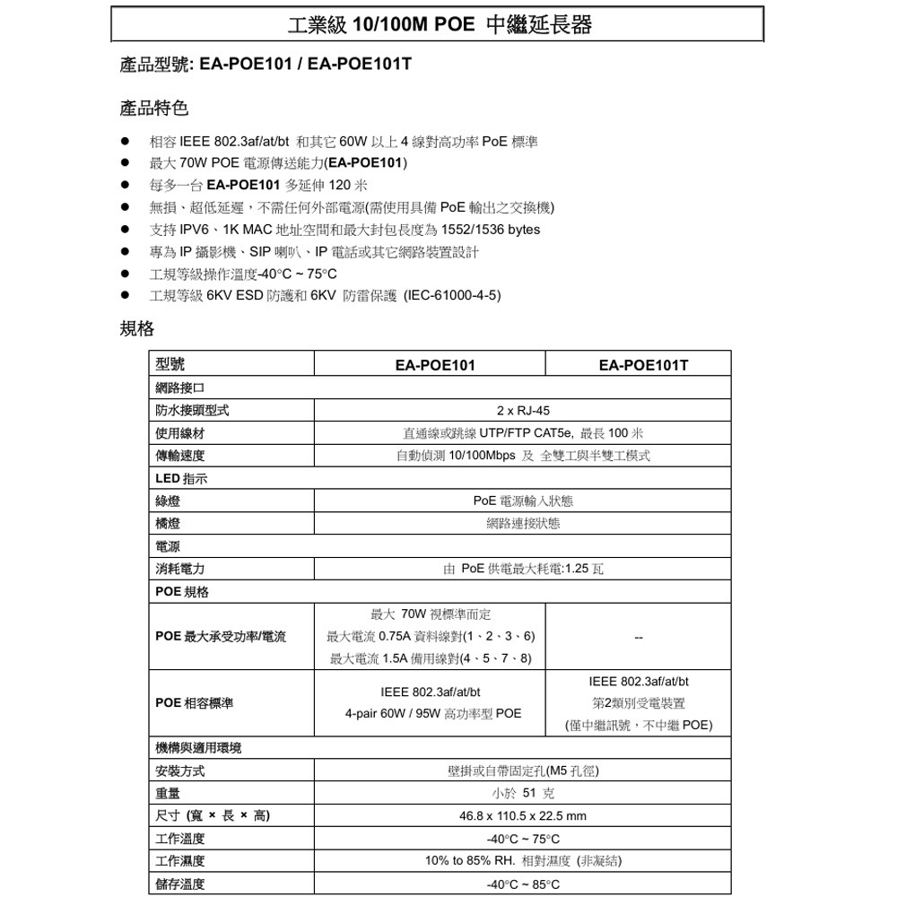 昌運監視器 室內型10/100M POE乙太網路傳輸延長器-細節圖2