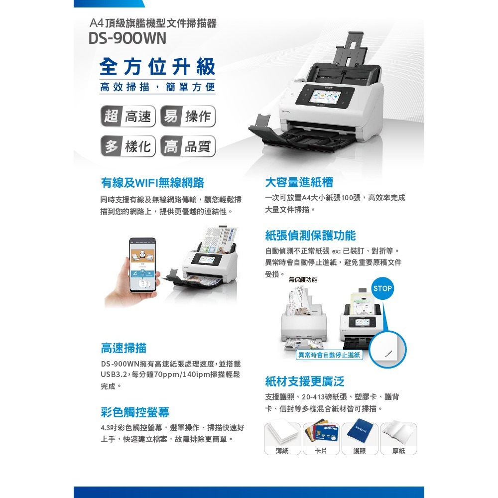 昌運監視器 EPSON 愛普生 DS-900WN A4高速旗艦文件掃描器 紙材支援更廣泛-細節圖3