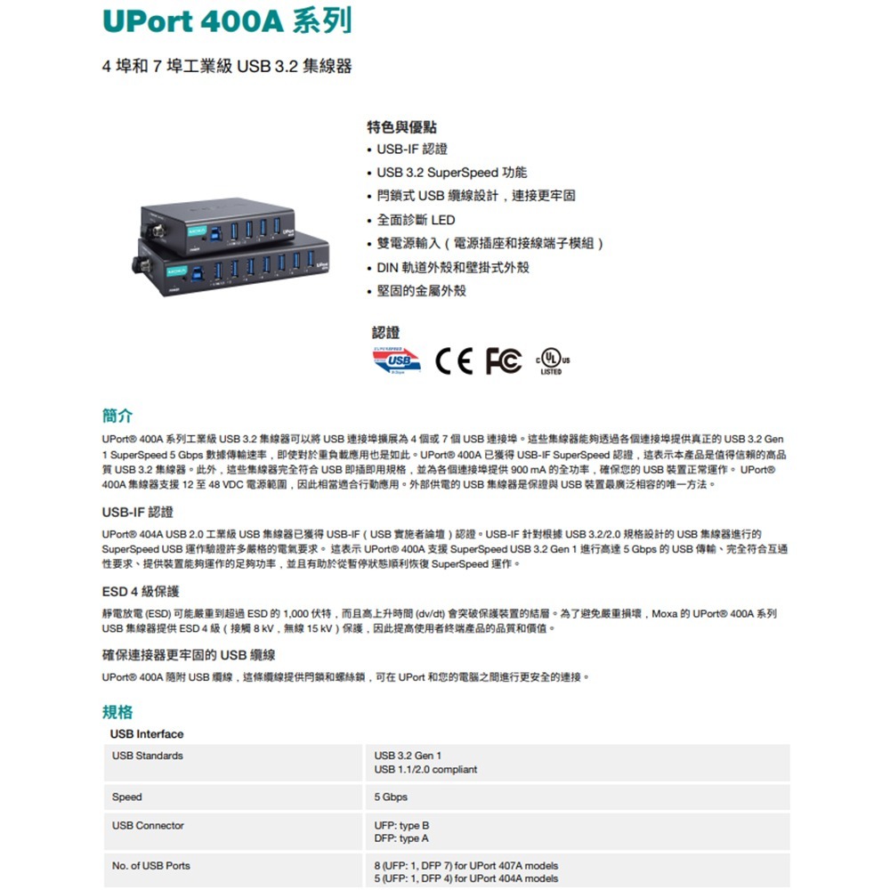 昌運監視器 MOXA UPort 404A 4埠工業級USB 3.2集線器-細節圖2