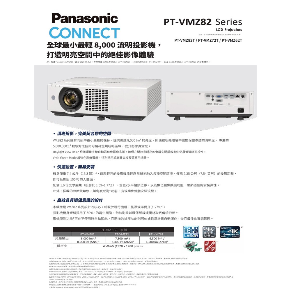 昌運監視器 Panasonic PT-VMZ82T 8000流明 WUXGA解析度 3LCD 雷射投影機-細節圖2