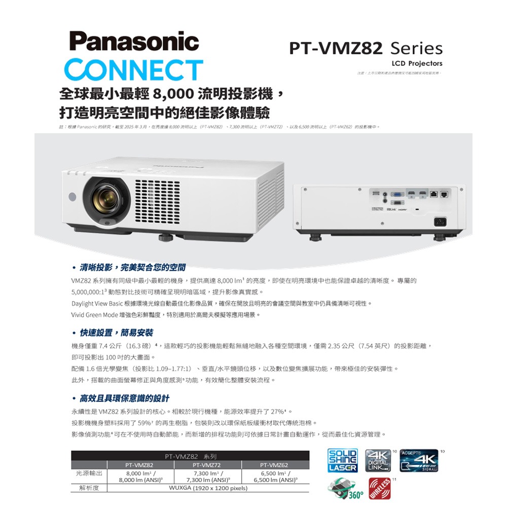 昌運監視器 Panasonic PT-VMZ62T 6500流明 WUXGA解析度 3LCD 雷射投影機-細節圖2