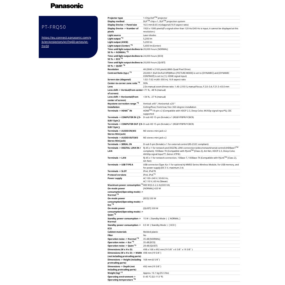 昌運監視器 Panasonic PT-FRQ50 5400流明 Full HD解析度 DLP 雷射投影機-細節圖4
