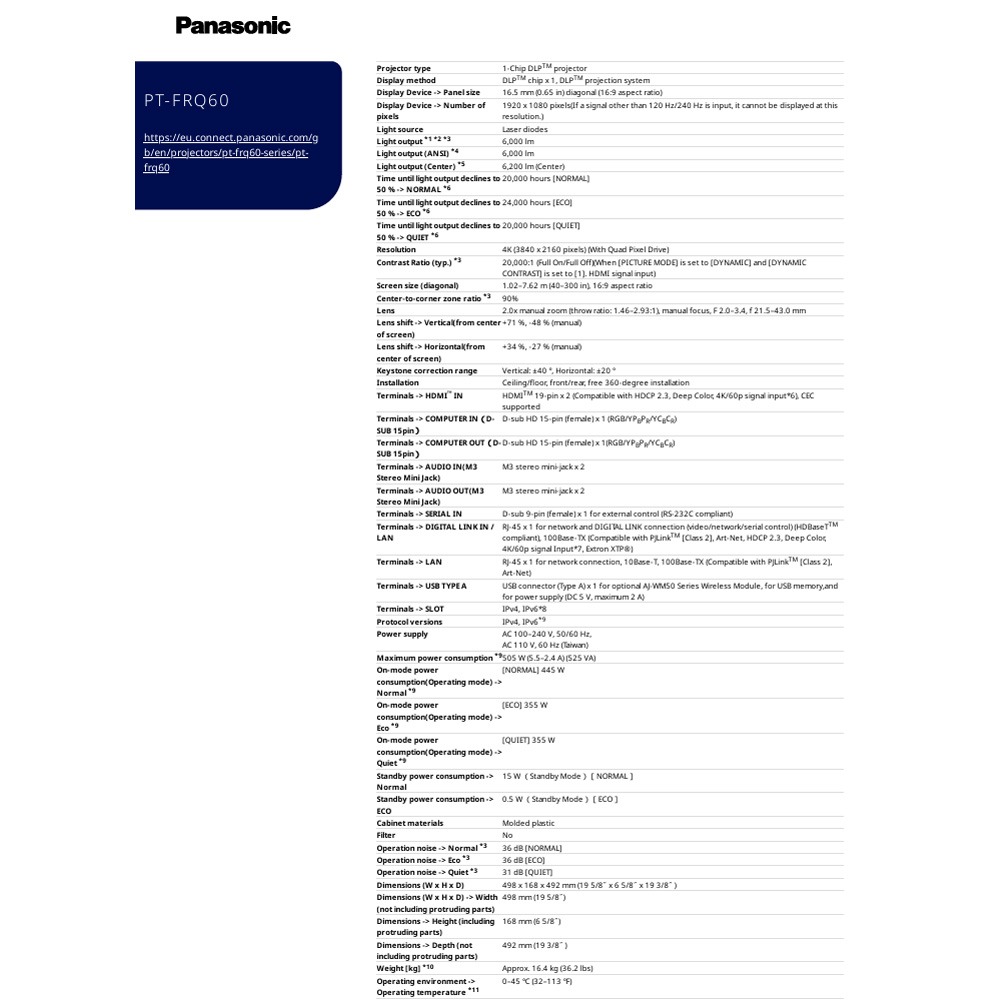 昌運監視器 Panasonic PT-FRQ60 6200流明 Full HD解析度 DLP 雷射投影機-細節圖4