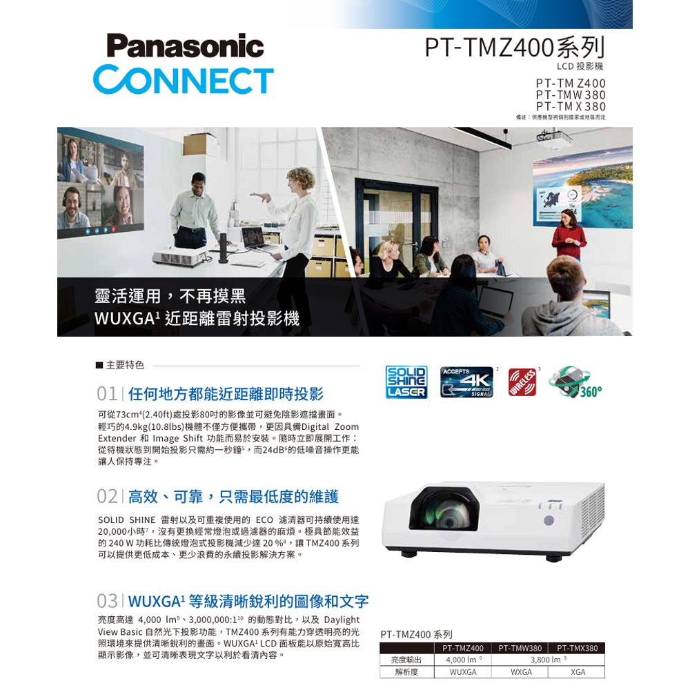 昌運監視器 Panasonic PT-TMZ400T 4000流明 WUXGA解析度 3LCD 短焦 雷射投影機-細節圖2