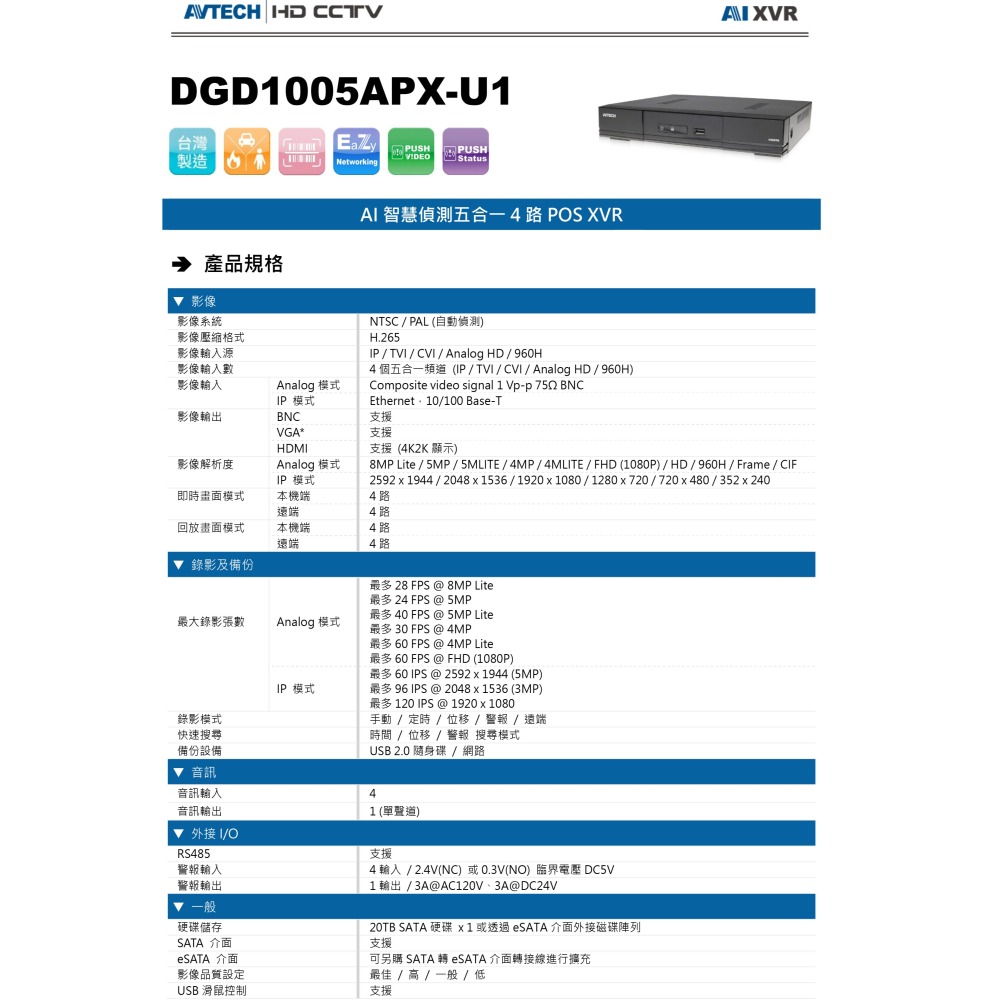 昌運監視器 AVTECH 陞泰 DGD1005APX-U1 AI 智慧偵測五合一 4 路 錄影主機(請來電洽詢)-細節圖3