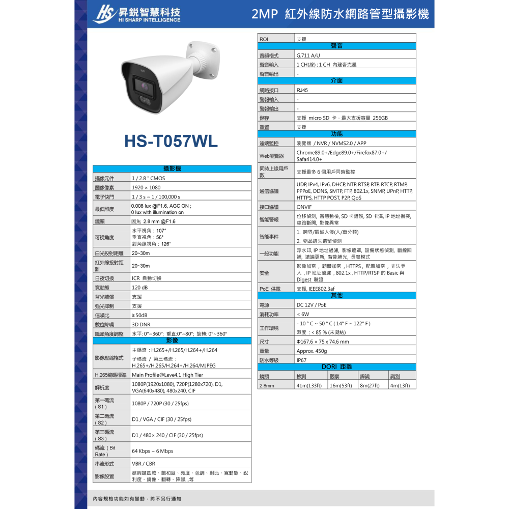 昌運監視器 昇銳 HS-T057WL 200萬畫素 槍型網路攝影機 紅外夜視距離20~30 m 支援PoE供電-細節圖3