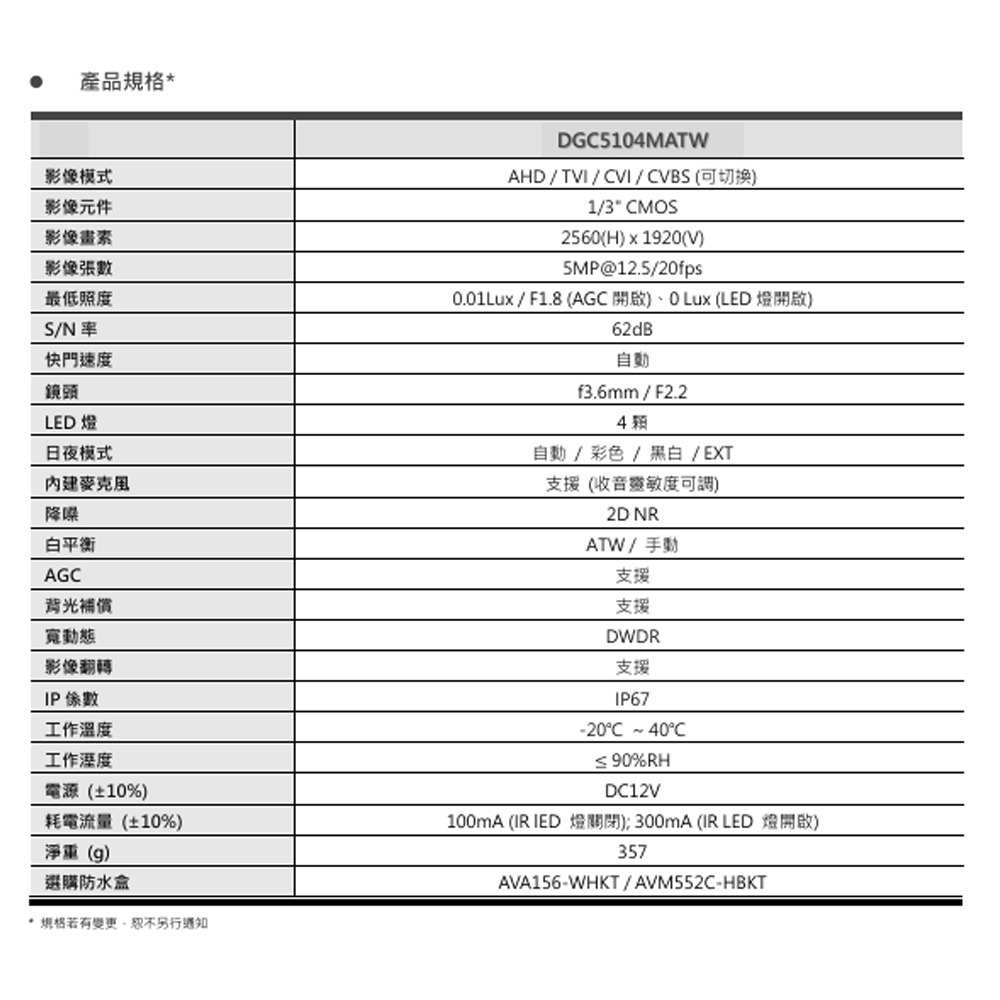 昌運監視器 AVTECH 陞泰 DGC5104MATW (DGC5104ATW) 5MP 4合1 全彩槍型攝影機-細節圖3