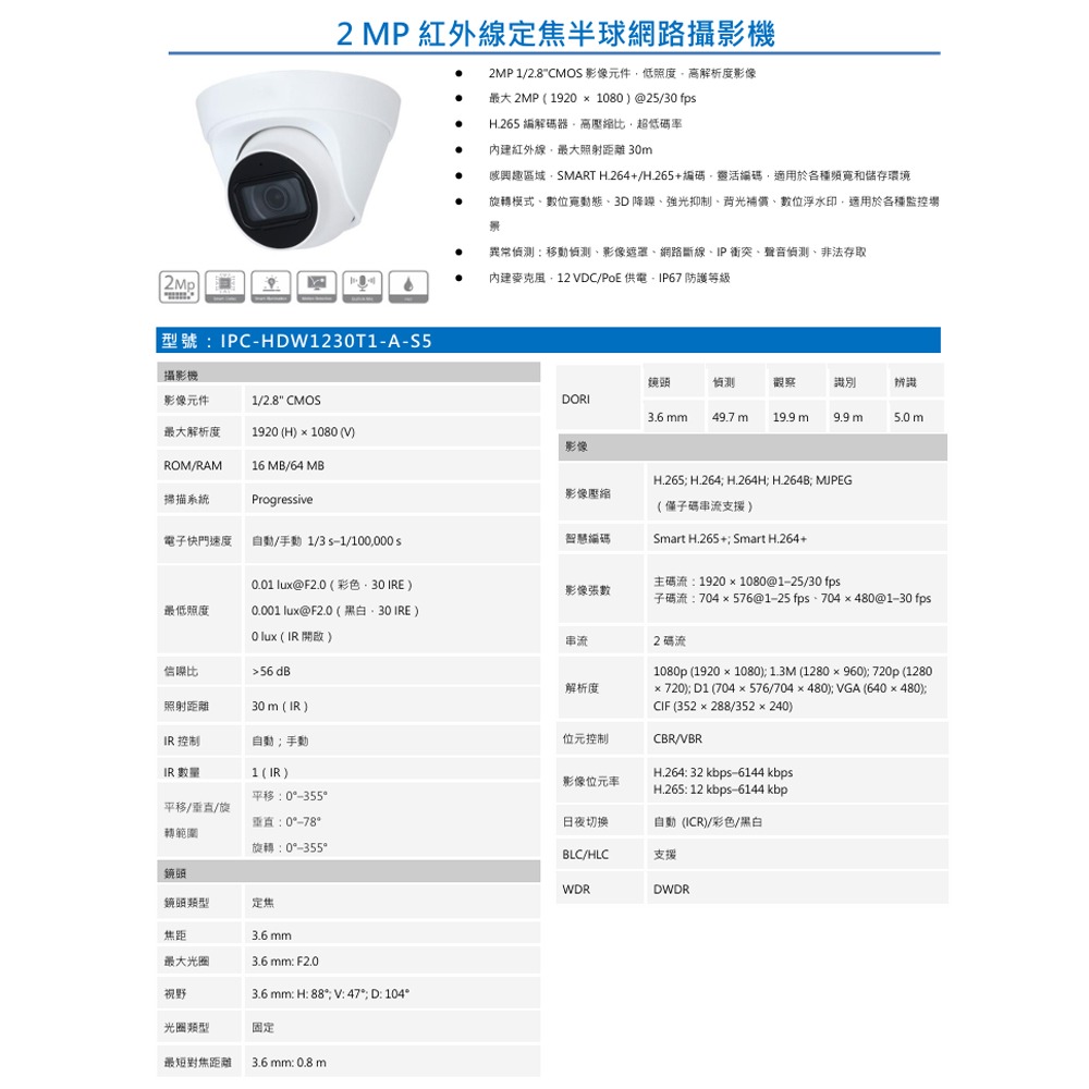 昌運監視器 大華 IPC-HDW1230T1-A-S5 2MP紅外線定焦半球網路攝影機 內建紅外線-細節圖2