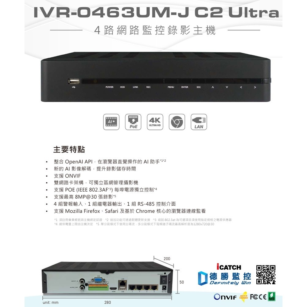 昌運監視器 ICATCH 可取 IVR-0463UM-J06C2U 4CH 4K 4路網路監控錄影主機-細節圖2