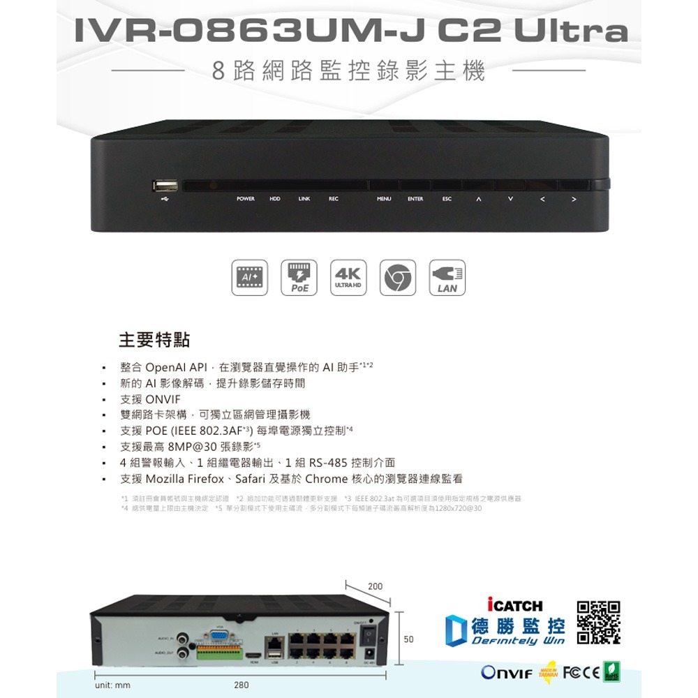 昌運監視器 ICATCH 可取 IVR-0863UM-J06C2U 8CH 4K 8路網路監控錄影主機-細節圖2
