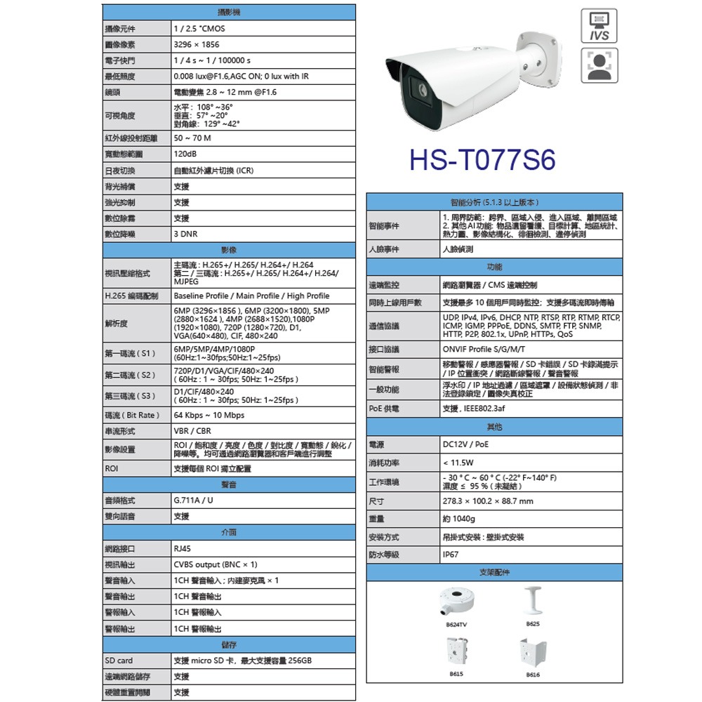 昌運監視器 昇銳 HS-T077S6 600萬 人臉偵測智能紅外線槍型網路攝影機 紅外線50-70M-細節圖2