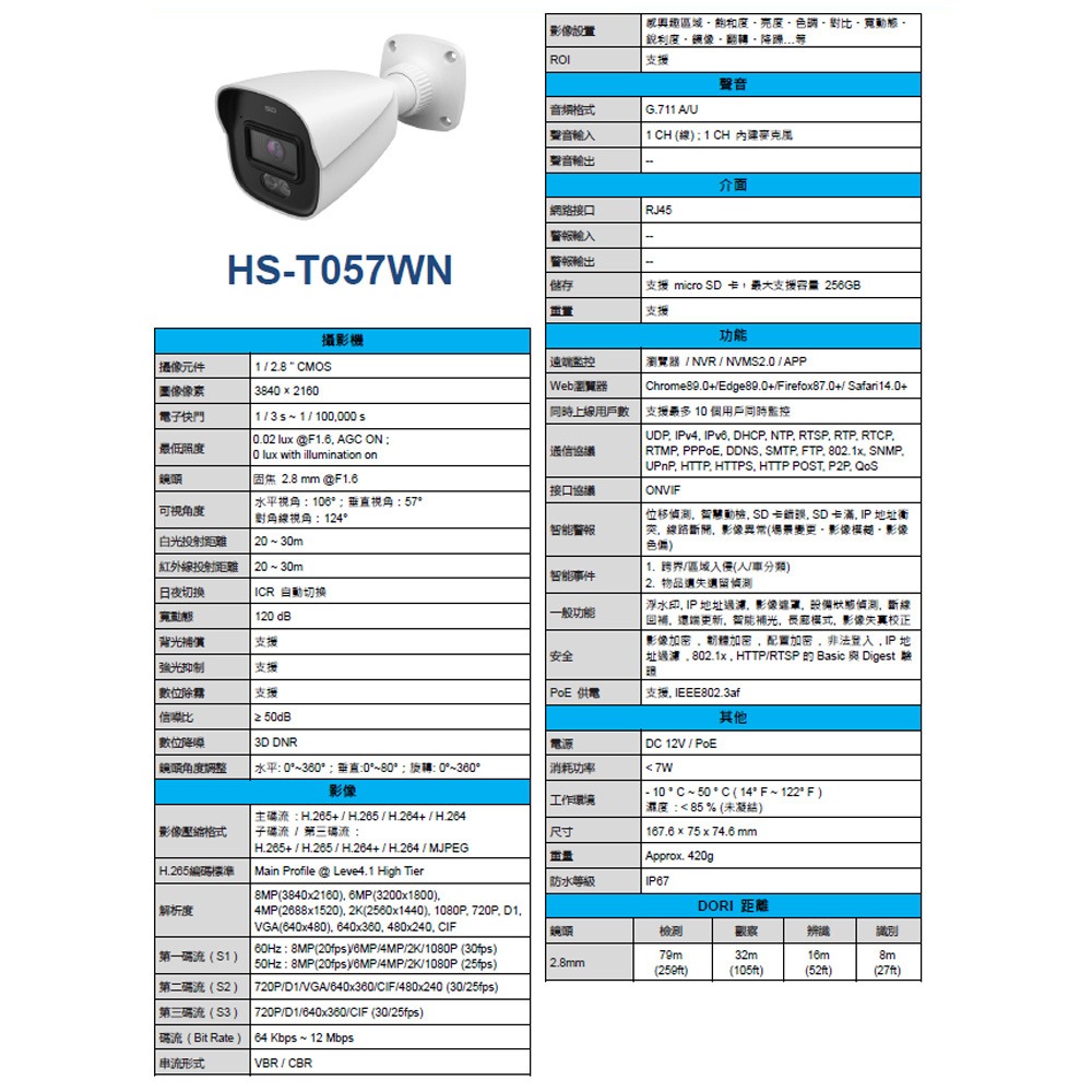 昌運監視器 昇銳 HS-T057WN 800萬 防水紅外線槍型網路攝影機 智能補光 紅外線20-30M-細節圖2