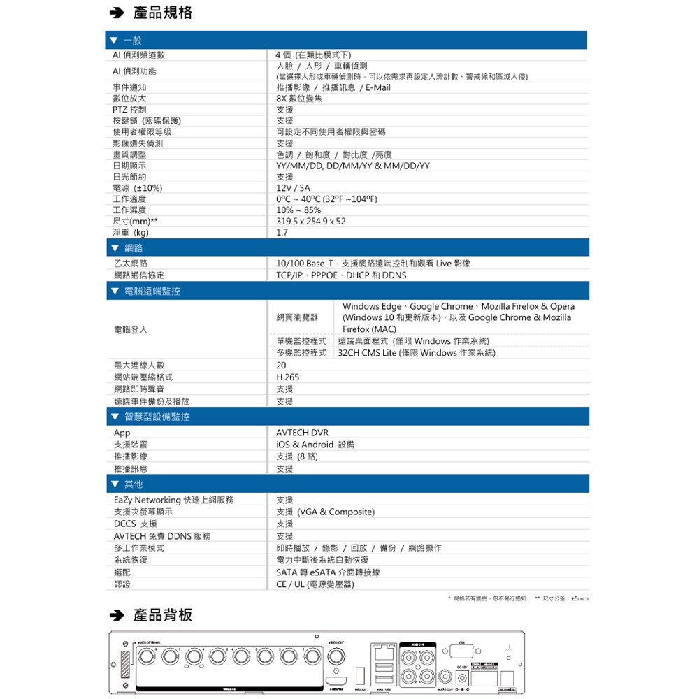 昌運監視器 AVTECH 陞泰 DGD2109AIX-U1 AI智慧偵測8MP五合一8CH XVR主機-細節圖3