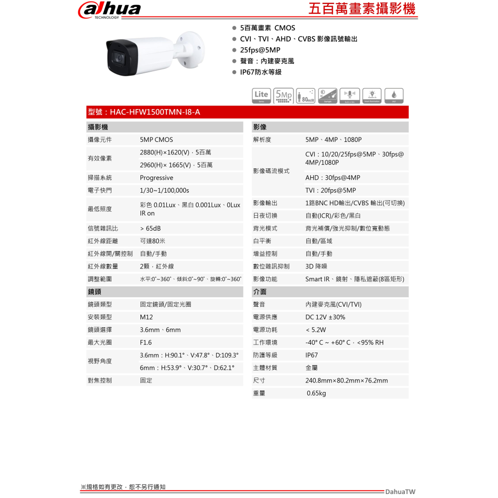 昌運監視器 大華 HAC-HFW1500TMN-I8-A 500萬畫素攝影機 內建麥克風 IP67防水等級-細節圖2