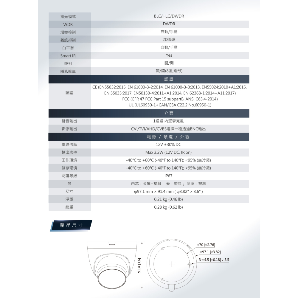 昌運監視器 大華 HAC-HDW1500TLQN-A 500萬畫素半球型 星光級紅外線 帶聲HD攝影機-細節圖4