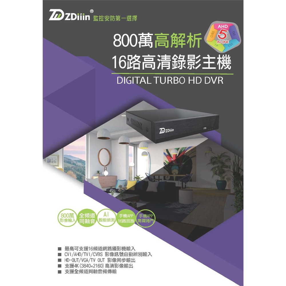 昌運監視器 ZDiiin ZD-5826Ai2-1 HVR監控錄影主機 16路5MP/錄5MP 人車AI偵測 單碟-細節圖3