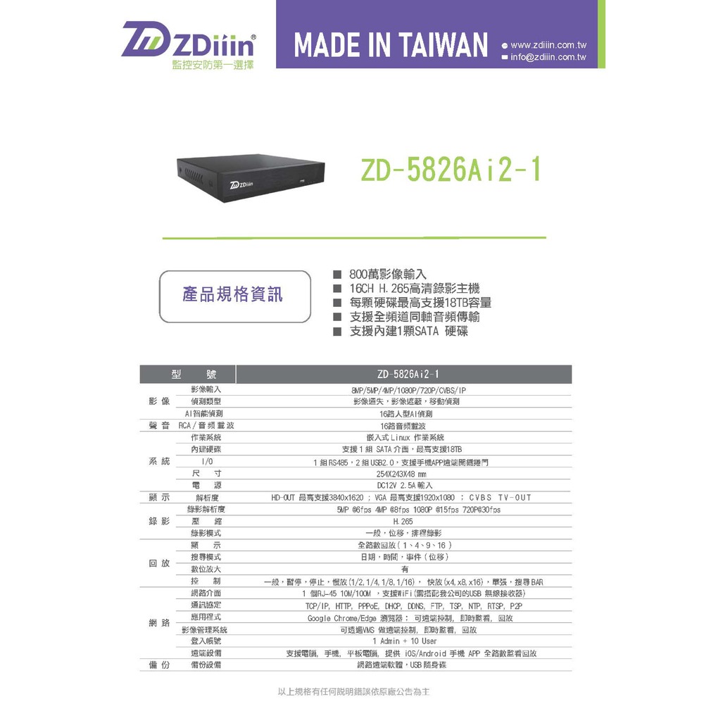 昌運監視器 ZDiiin ZD-5826Ai2-1 HVR監控錄影主機 16路5MP/錄5MP 人車AI偵測 單碟-細節圖4